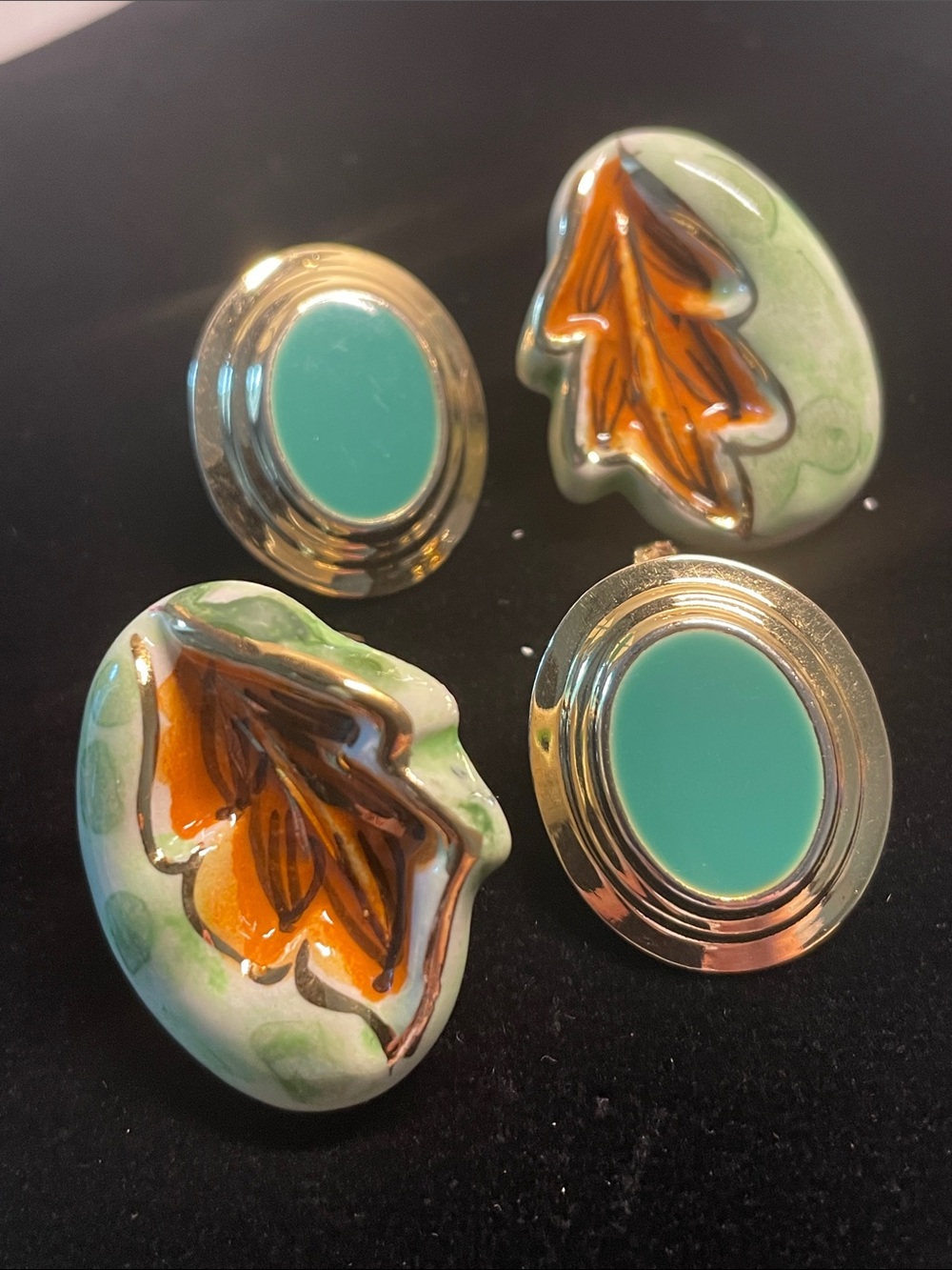 Hand-Painted Ceramic Leaf Earrings with Teal Accents